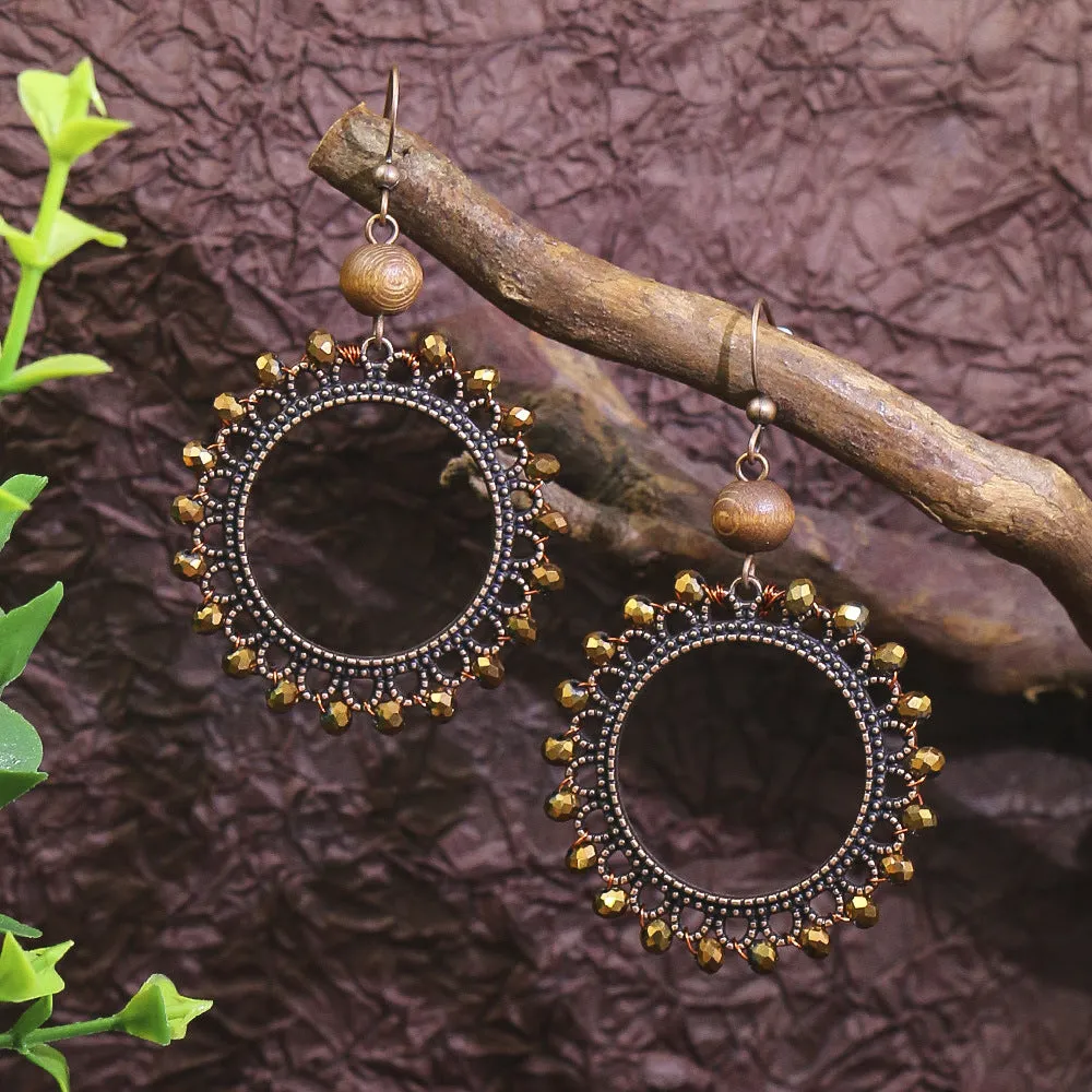 Wholesale Vintage Geometric Round Wooden Beads Tassel Earrings