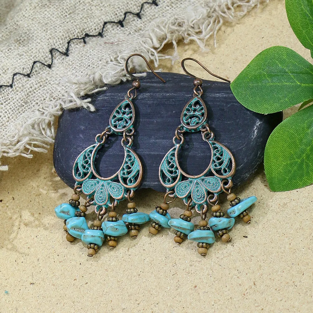 Wholesale Vintage Geometric Turquoise Tassel Earrings