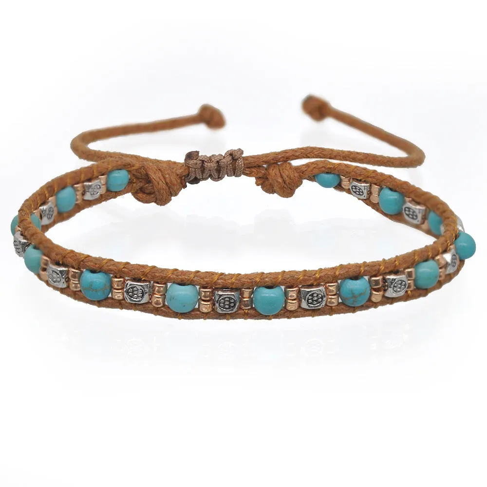 Wholesale Vintage hand-woven turquoise beaded bracelet rope women's multi-layer ethnic style winding bracelet
