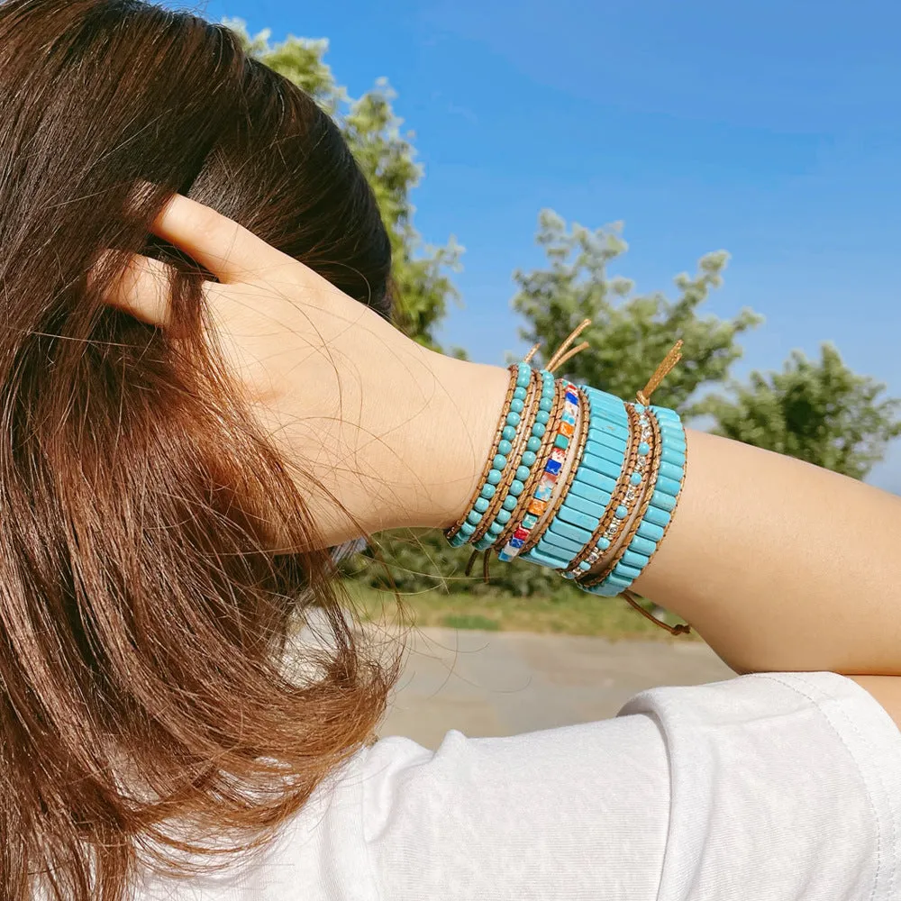 Wholesale Vintage hand-woven turquoise beaded bracelet rope women's multi-layer ethnic style winding bracelet