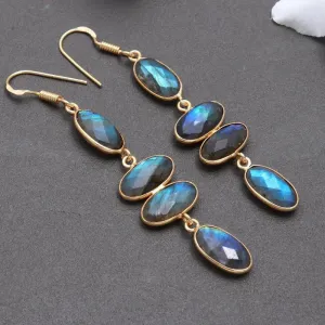 Wholesale Vintage Handmade Diamond-studded Long Style Gold Long Oval Blue Diamond Personality Earrings