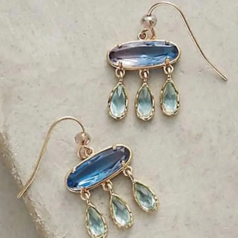 Wholesale Vintage Handmade Diamond-studded Long Style Gold Long Oval Blue Diamond Personality Earrings