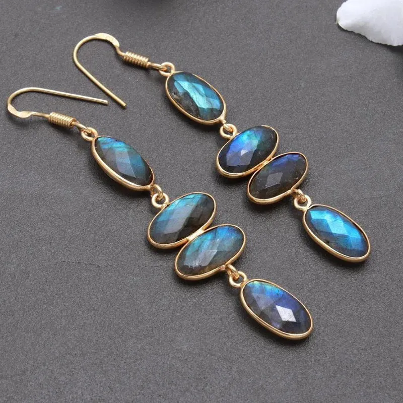 Wholesale Vintage Handmade Diamond-studded Long Style Gold Long Oval Blue Diamond Personality Earrings