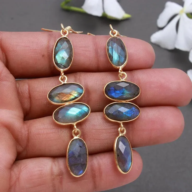 Wholesale Vintage Handmade Diamond-studded Long Style Gold Long Oval Blue Diamond Personality Earrings