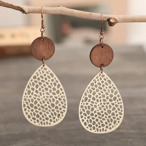 Wholesale Vintage Hollow Spider Web Spliced Wood Chip Leather Earrings