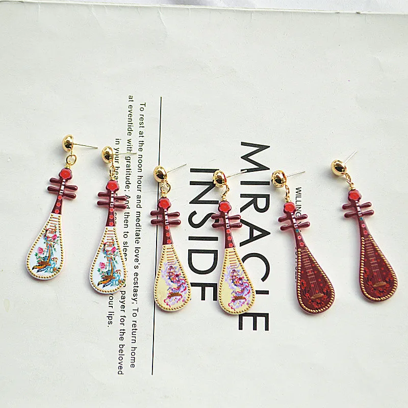 Wholesale Vintage Imitation Musical Instrument Metal Dripping Oil Pipa Long Tassel Earrings