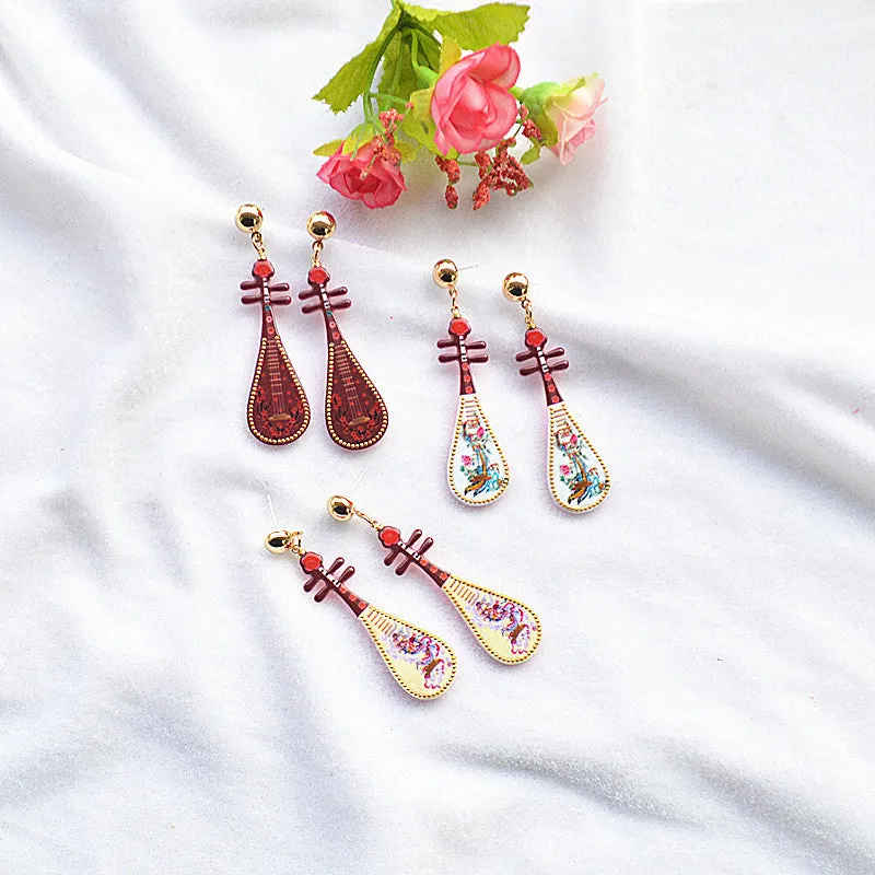 Wholesale Vintage Imitation Musical Instrument Metal Dripping Oil Pipa Long Tassel Earrings