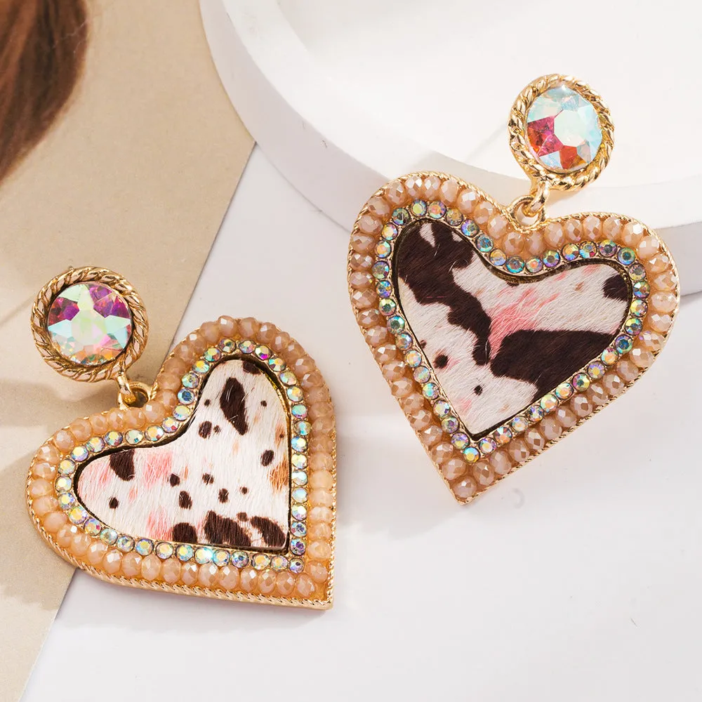 Wholesale Vintage Leopard Leather Diamond Heart Earrings