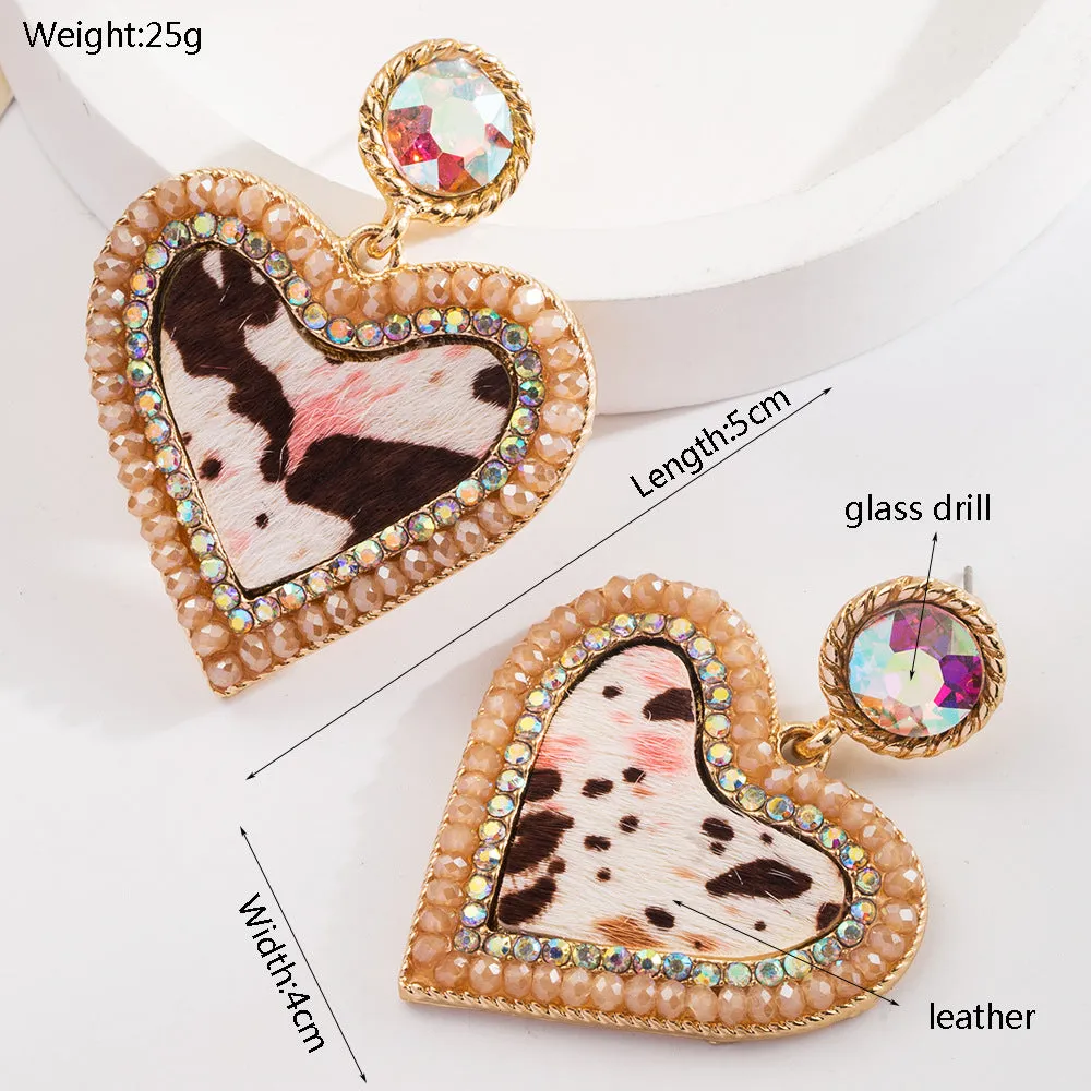 Wholesale Vintage Leopard Leather Diamond Heart Earrings