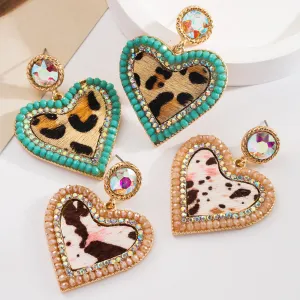 Wholesale Vintage Leopard Leather Diamond Heart Earrings