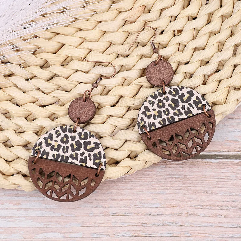 Wholesale Vintage Leopard Print Cross Hollow Wood Chip Round Earrings