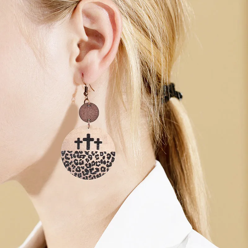 Wholesale Vintage Leopard Print Cross Hollow Wood Chip Round Earrings