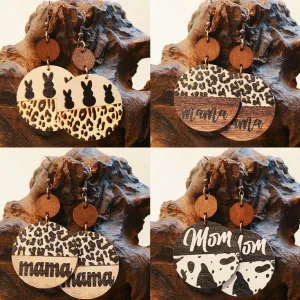 Wholesale Vintage Leopard Print Wood Chip MAMA Round Earrings