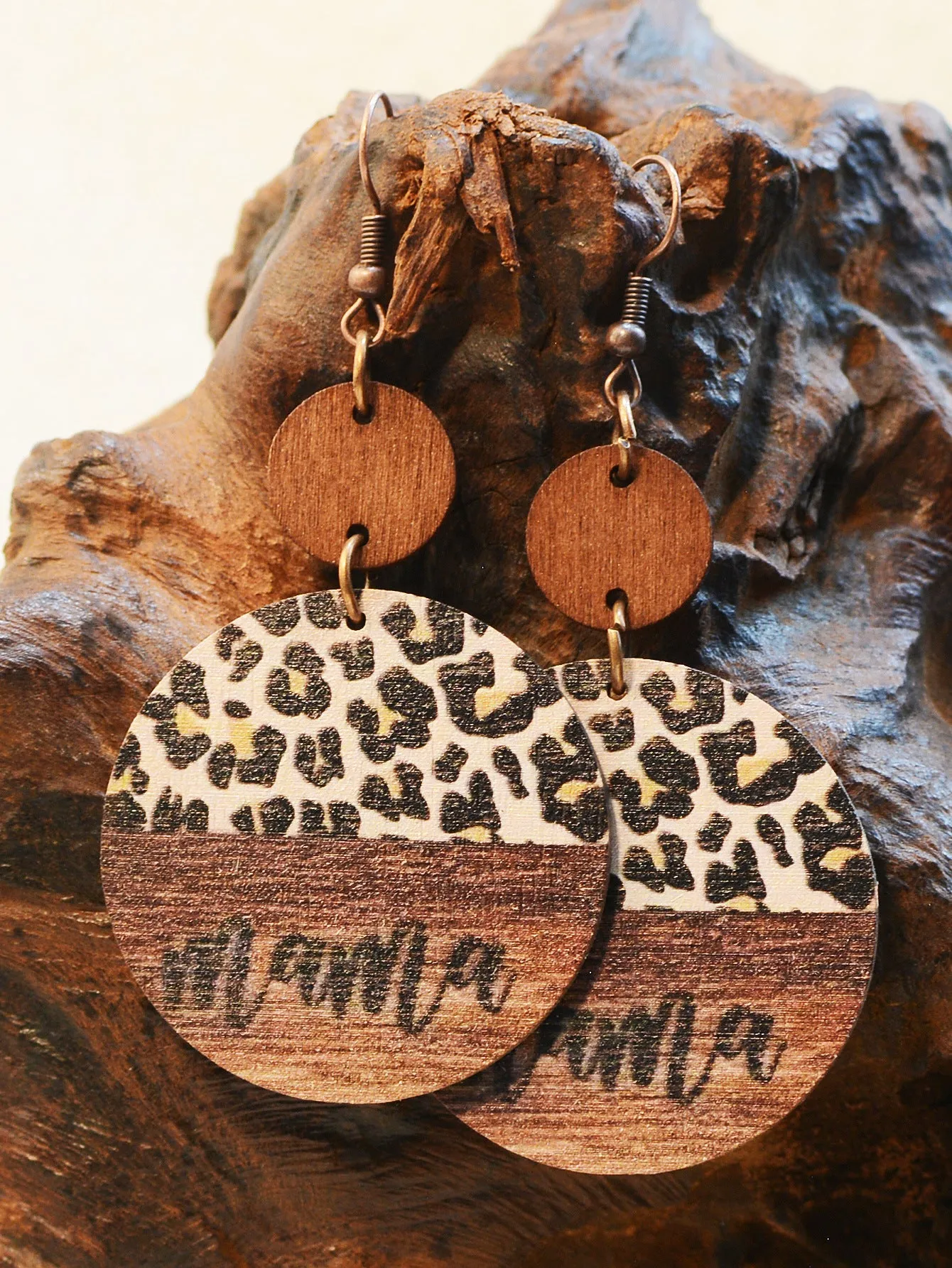 Wholesale Vintage Leopard Print Wood Chip MAMA Round Earrings