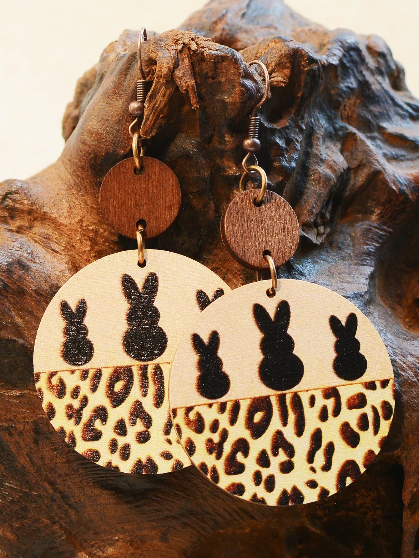 Wholesale Vintage Leopard Print Wood Chip MAMA Round Earrings