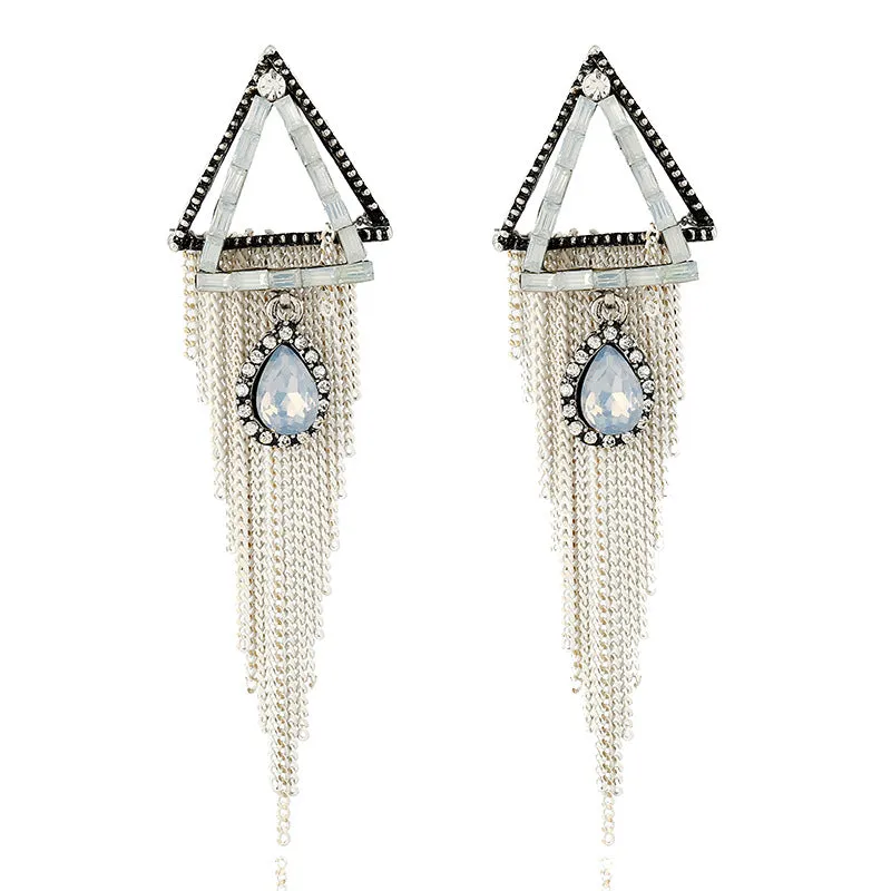 Wholesale Vintage long drop earrings with diamond-studded triangular water droplet tassels