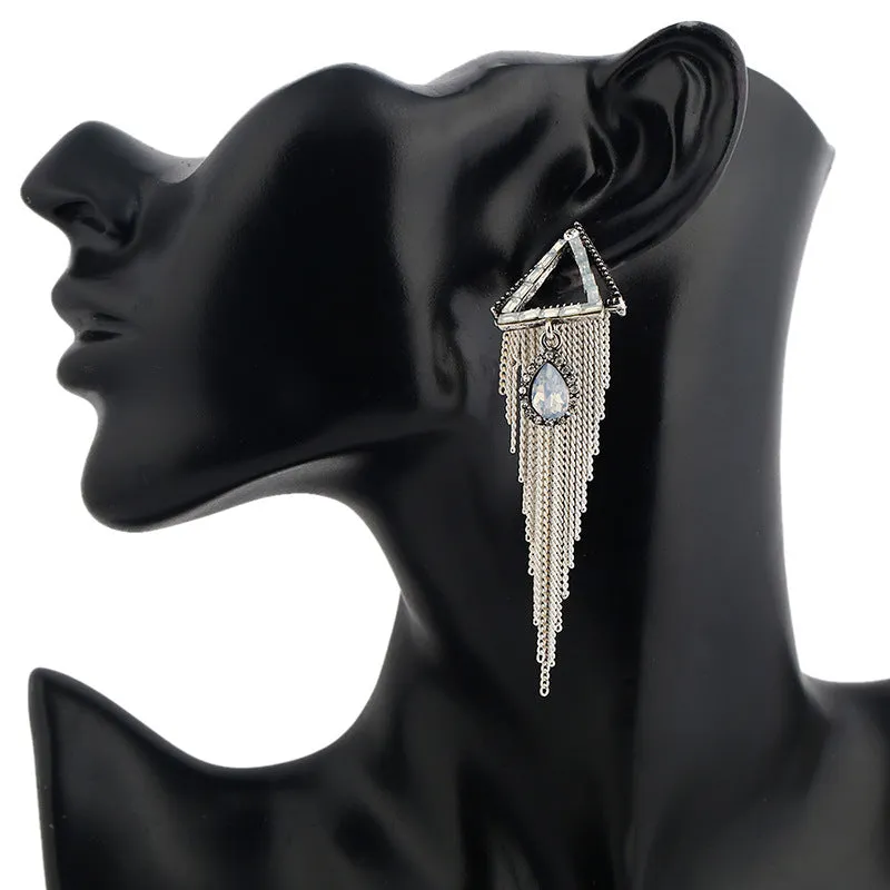Wholesale Vintage long drop earrings with diamond-studded triangular water droplet tassels