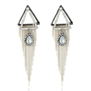 Wholesale Vintage long drop earrings with diamond-studded triangular water droplet tassels