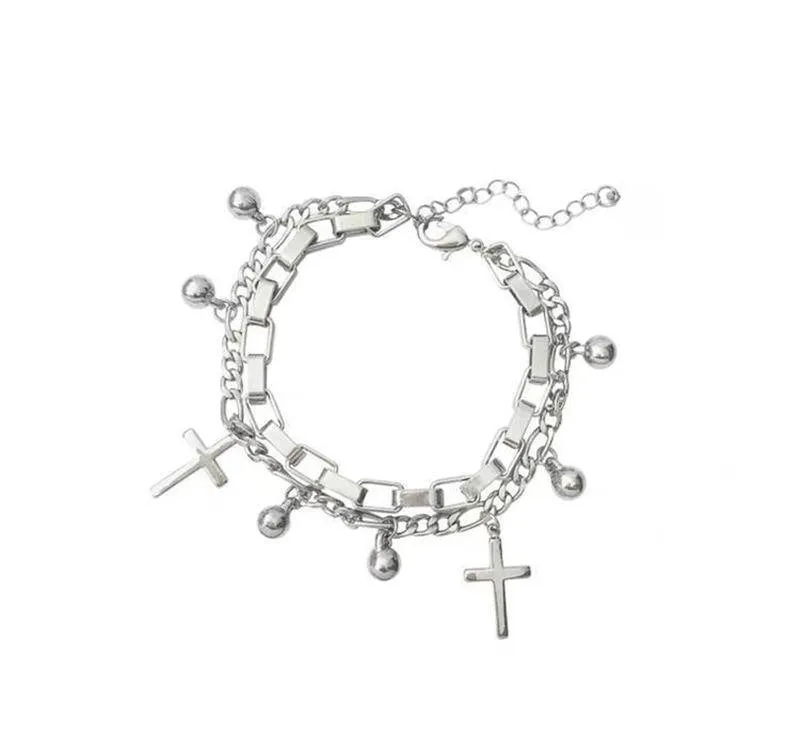 Wholesale Vintage Metal Double Cross Pendant Hip Hop Multi-layer Bracelet