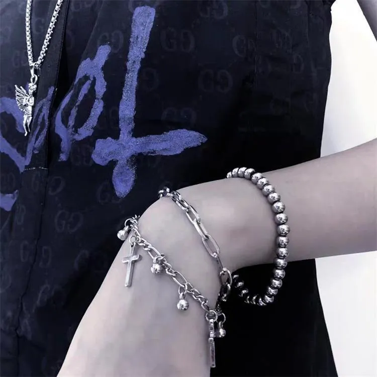 Wholesale Vintage Metal Double Cross Pendant Hip Hop Multi-layer Bracelet