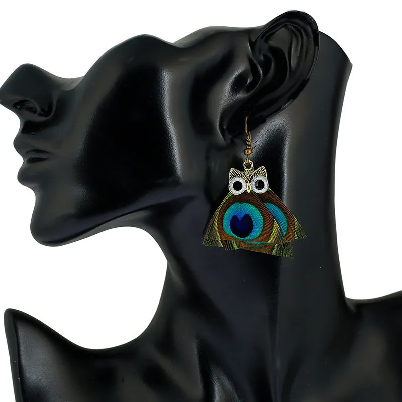 Wholesale Vintage Owl Peacock Feather Alloy Earrings