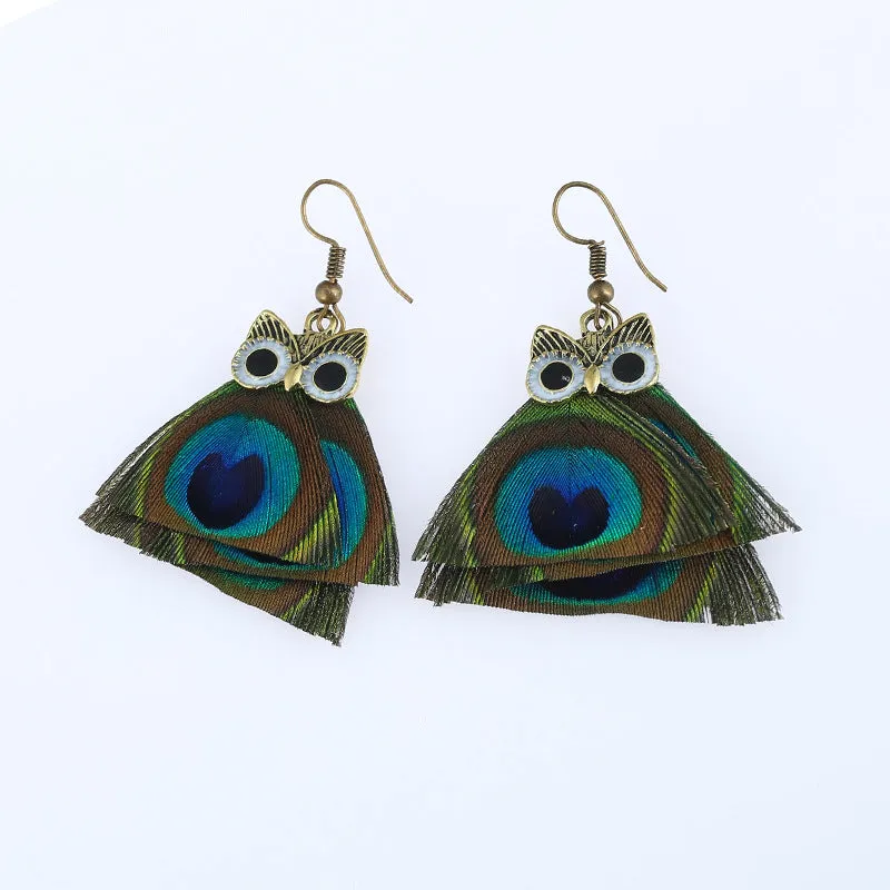 Wholesale Vintage Owl Peacock Feather Alloy Earrings
