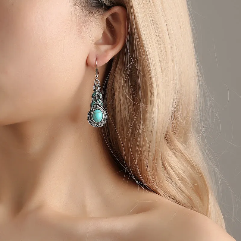 Wholesale Vintage-patterned Sapphire Crystal Inlaid Turquoise Bohemian Earrings