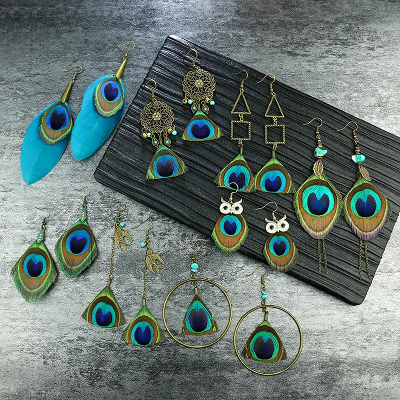 Wholesale Vintage Peacock Feather Exaggerated Earrings