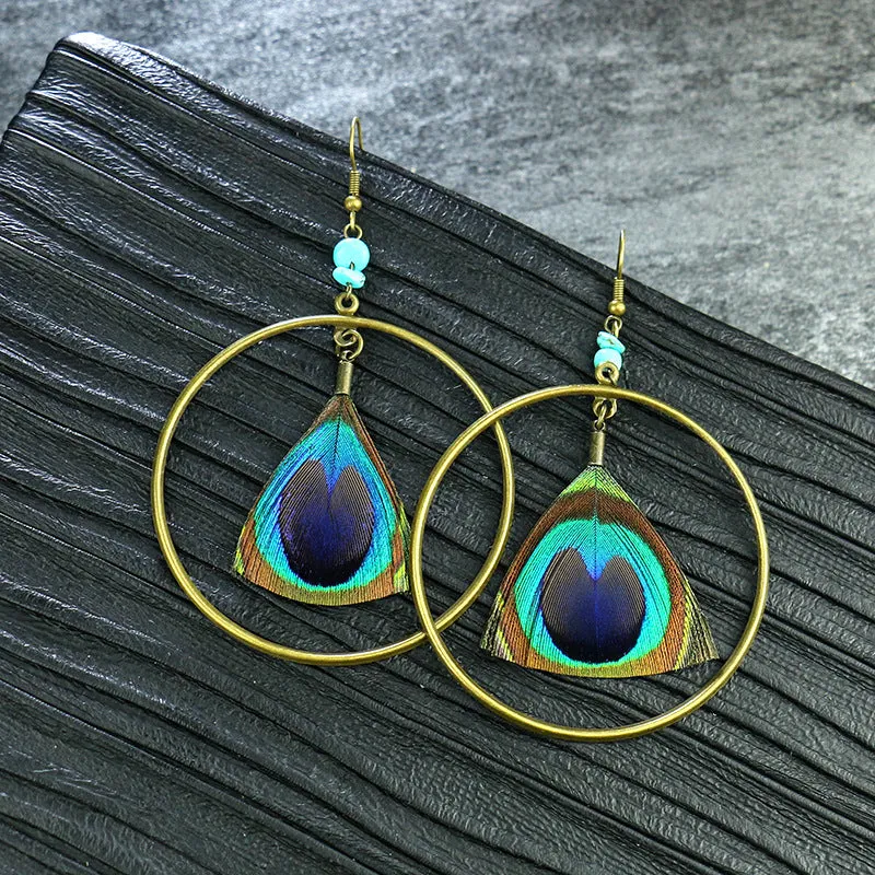 Wholesale Vintage Peacock Feather Exaggerated Earrings