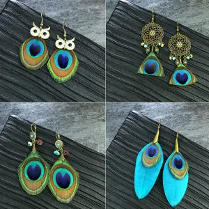 Wholesale Vintage Peacock Feather Exaggerated Earrings
