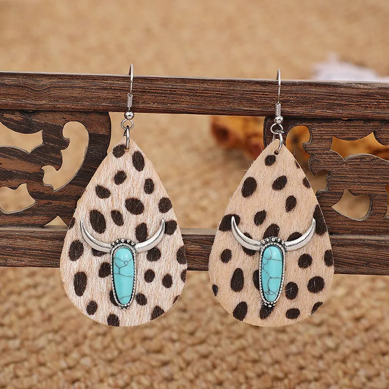 Wholesale Vintage Plush Leopard Print Turquoise Bull Scalp Earrings