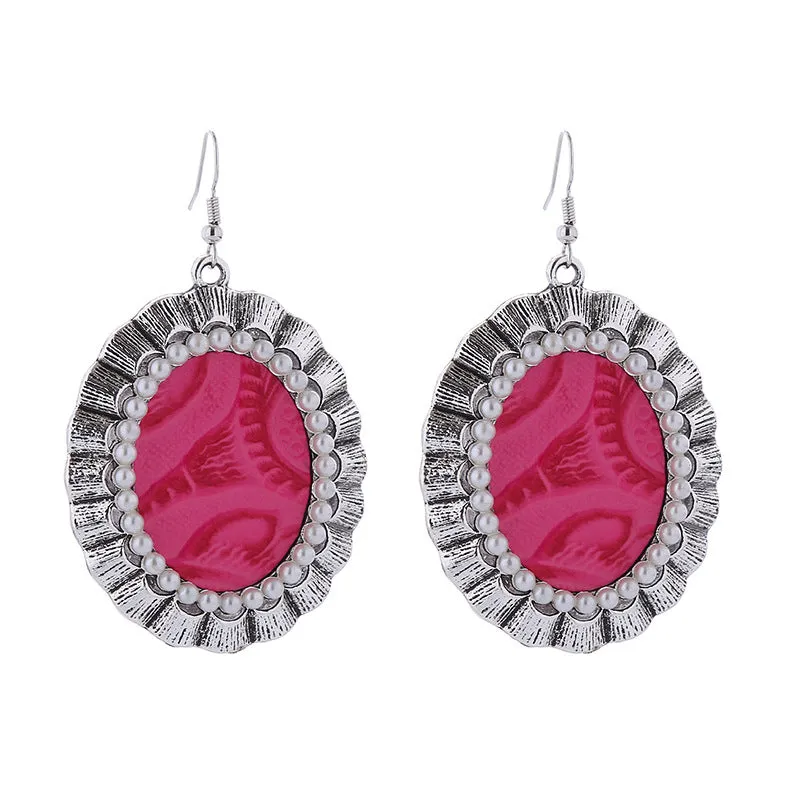 Wholesale Vintage Printed Leather Round Alloy Studded Pearl Earrings