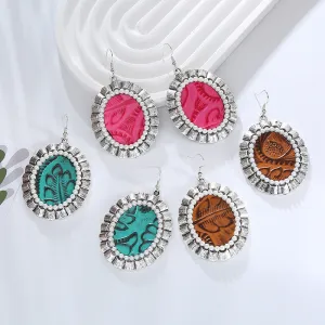 Wholesale Vintage Printed Leather Round Alloy Studded Pearl Earrings