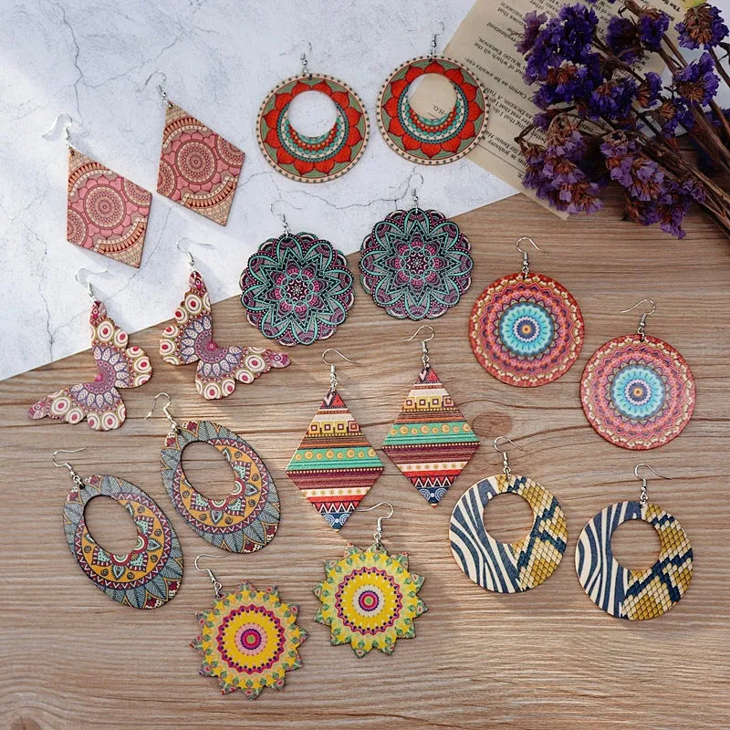 Wholesale Vintage Printed Wooden Earrings