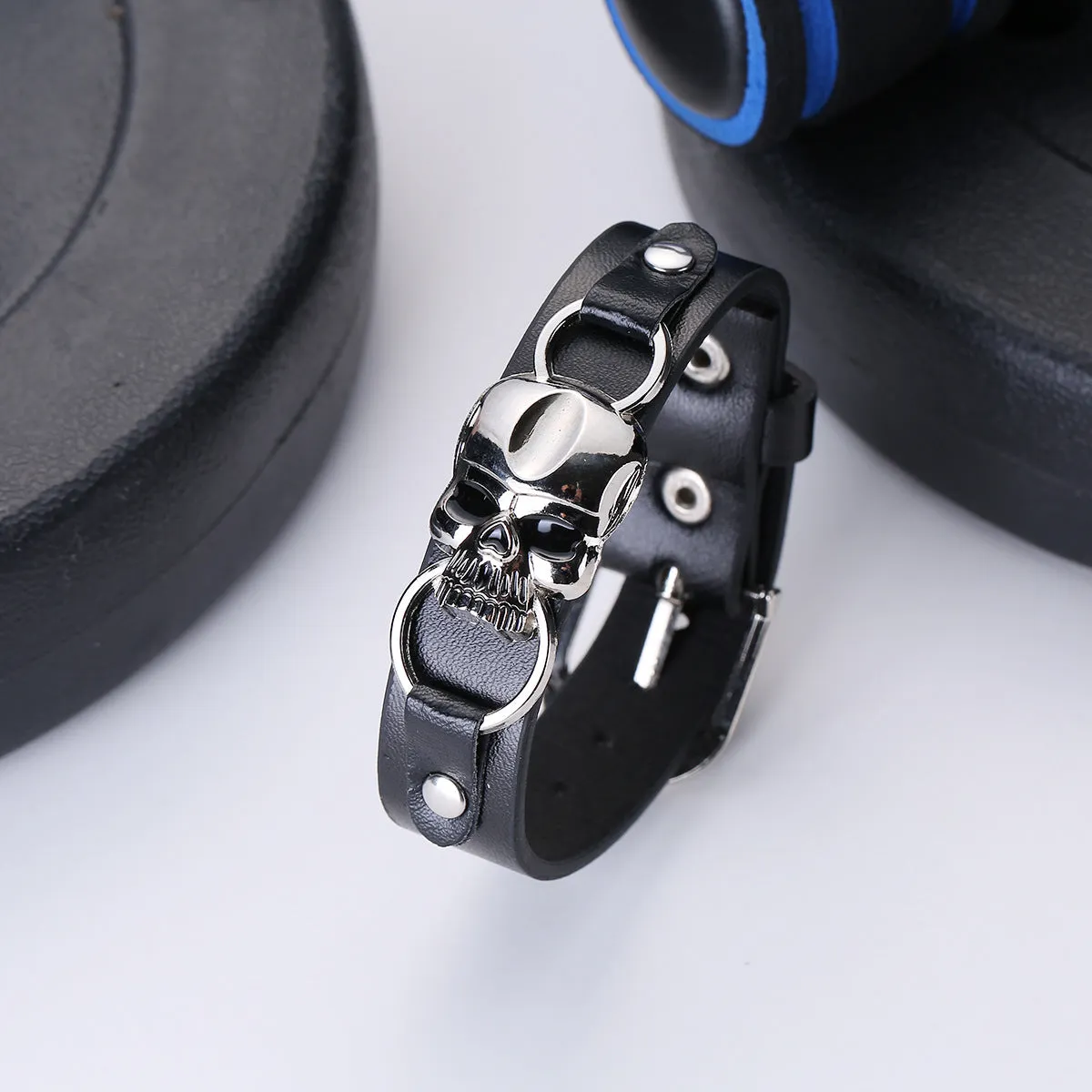 Wholesale Vintage PU leather punk skull leather bracelet