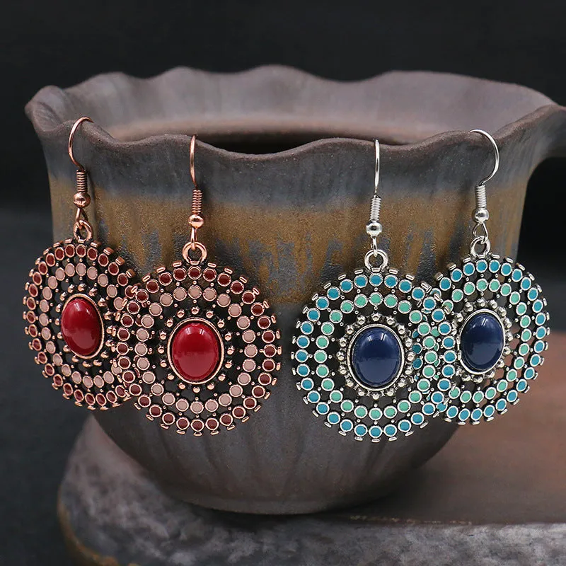 Wholesale Vintage Round Geometric Gemstone Earrings