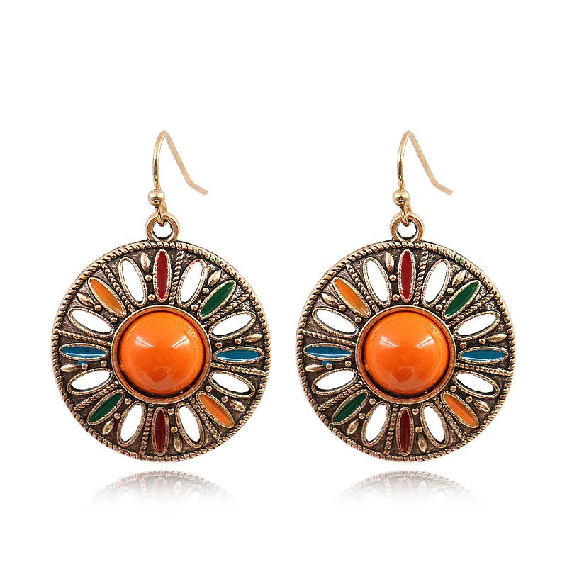 Wholesale Vintage Round Geometric Gemstone Earrings