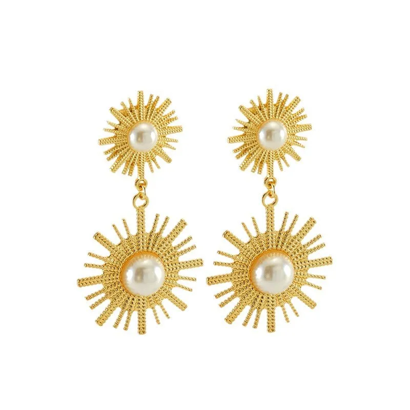 Wholesale Vintage Round Sunflower Pearl Titanium Steel Gold Plated Earrings