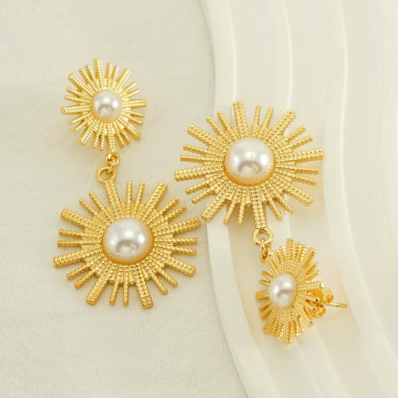 Wholesale Vintage Round Sunflower Pearl Titanium Steel Gold Plated Earrings