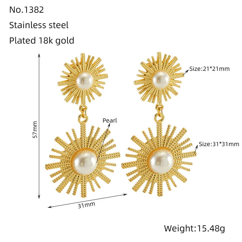 Wholesale Vintage Round Sunflower Pearl Titanium Steel Gold Plated Earrings