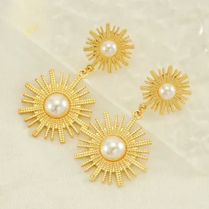 Wholesale Vintage Round Sunflower Pearl Titanium Steel Gold Plated Earrings