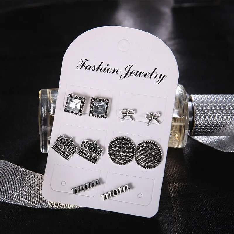 Wholesale Vintage Set with Diamonds Crown Letters MOM Stud Earrings Set of 5 Pairs