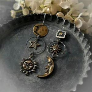 Wholesale Vintage Sun Star Moon Asymmetrical Handmade Long Pendant Earrings
