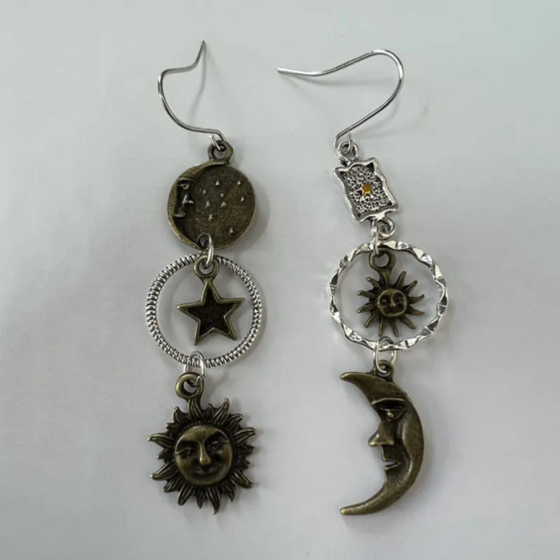 Wholesale Vintage Sun Star Moon Asymmetrical Handmade Long Pendant Earrings