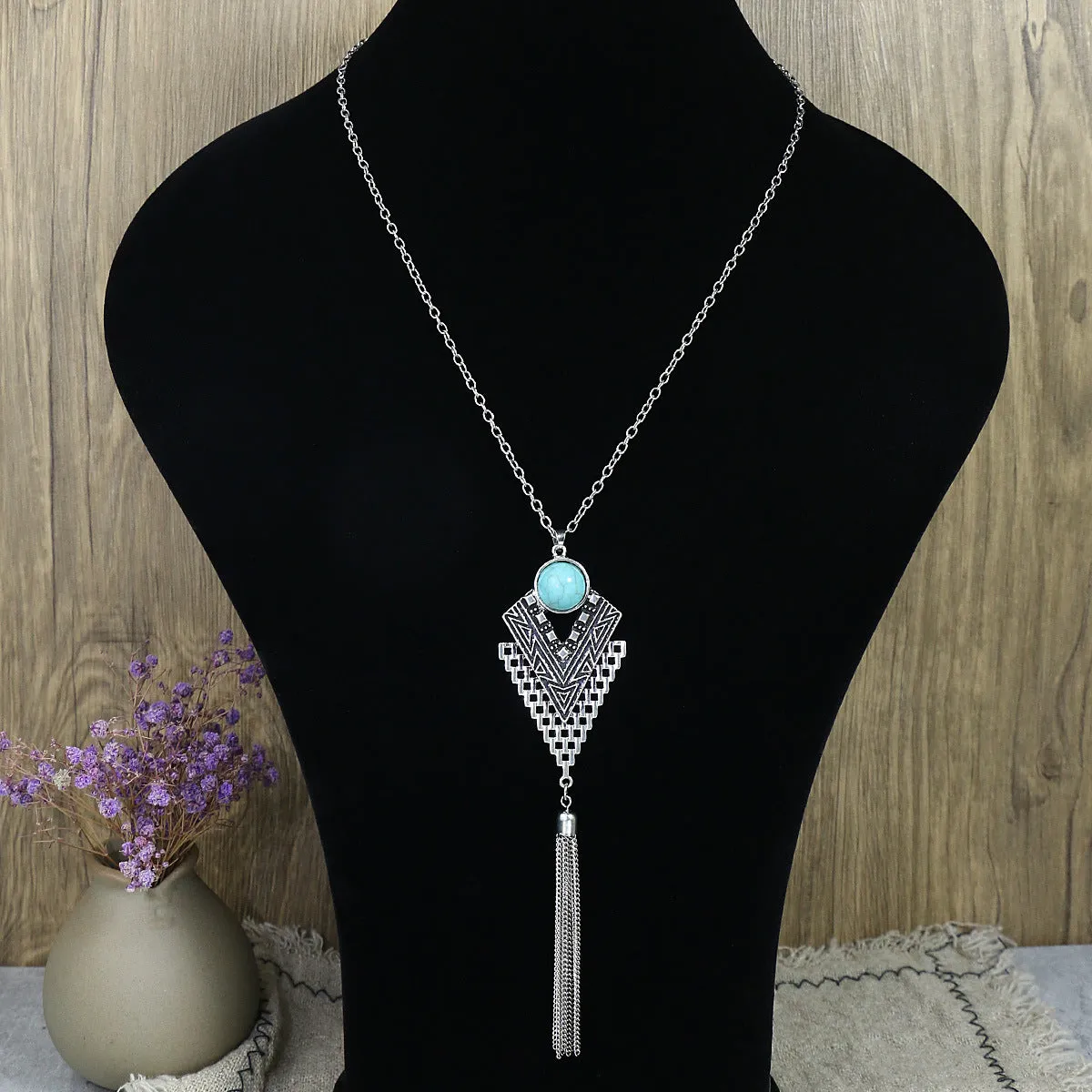 Wholesale Vintage Sweater Chain Long Tassel Pendant Turquoise Earrings