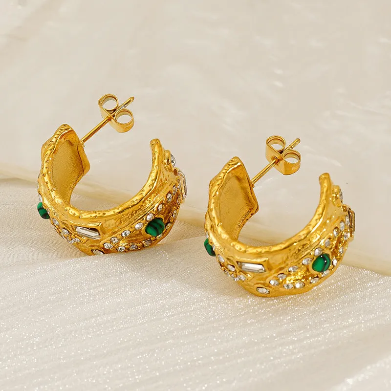 Wholesale Vintage texture devil's eye natural malachite stainless steel earrings