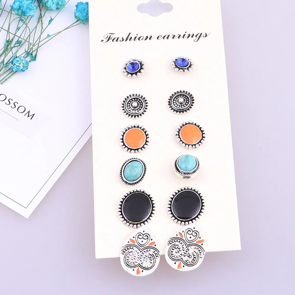 Wholesale Vintage Totem Gemstone Alloy Ear Studs 6 Pairs
