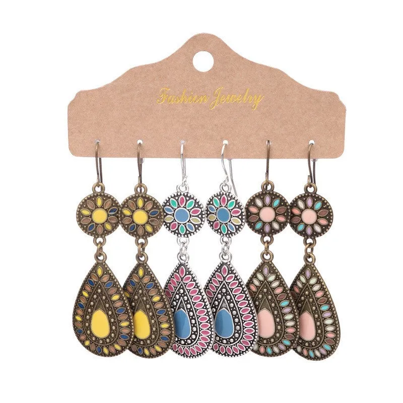 Wholesale Vintage Water Drop Oil Rice Beads Feather Set Earrings