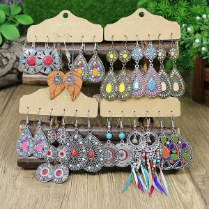 Wholesale Vintage Water Drop Oil Rice Beads Feather Set Earrings