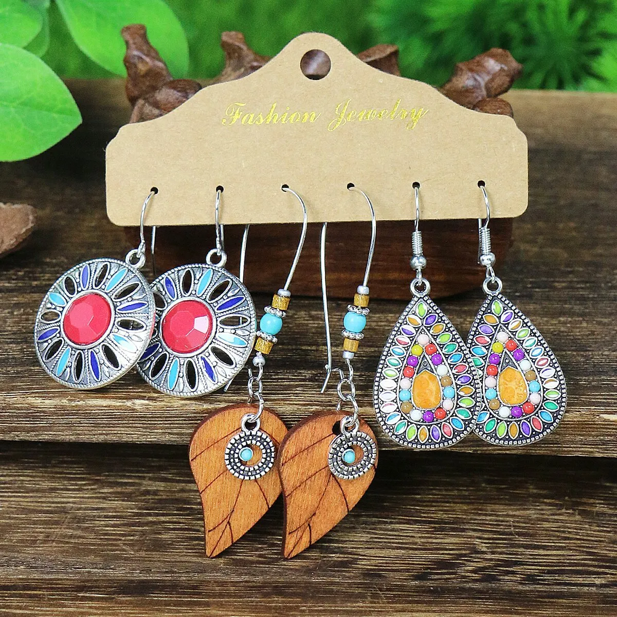 Wholesale Vintage Water Drop Oil Rice Beads Feather Set Earrings